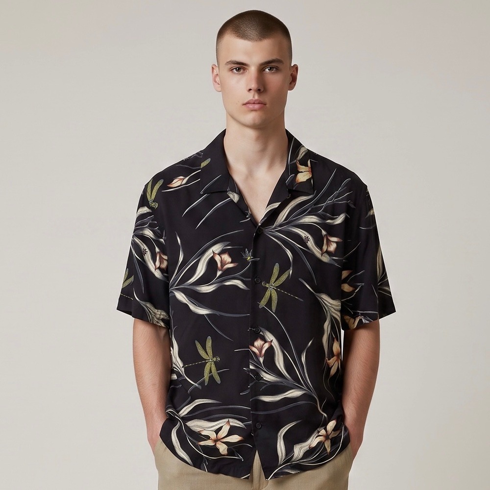 Rag & Bone Avery Dragonfly Print Vacation Camp Shirt Black Men's Size Medium
